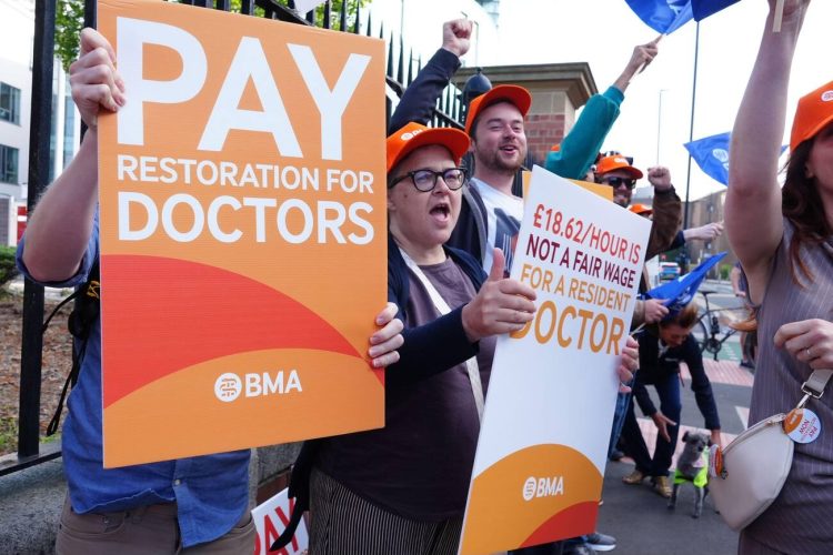 NHS resident doctors protesting outside Royal Victoria Infirmary in Newcastle
