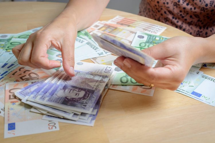 Person counting holiday currency-UK Pounds Sterling and Euros
